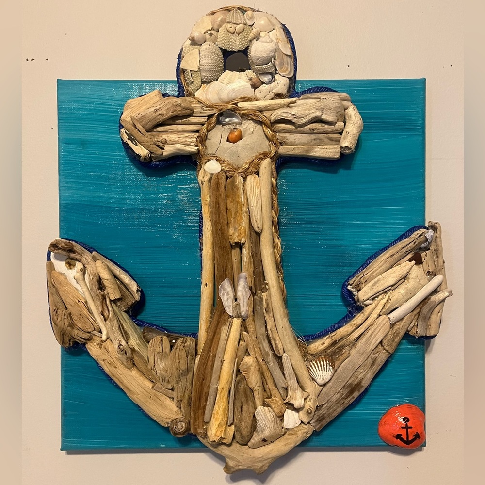 Handmade with driftwood Anchor on a painted canvas.